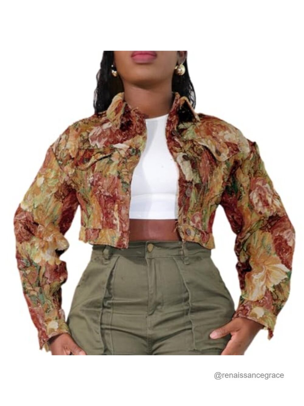 Womens Lightweight Floral Cropped Jacket Button Front Casual